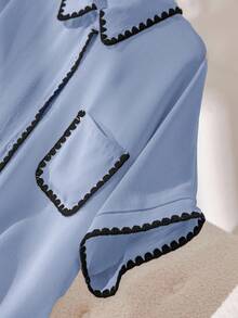 CosyJoli Plus Size Casual Contrast Trim Batwing Sleeve Shirt - Blue - View 4
