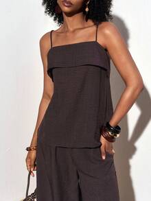 Zivah Summer New Casual Basic Vacation Beach Ruffle Strap Top And Wide Leg Pants Women 2 Pieces Set - A - Brown - View 6