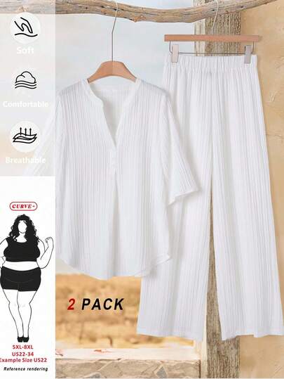SHEIN CURVE+ 两件套加大码女式休闲日常套装，V领短袖上衣搭配松紧腰裤，女士夏季服装，欧洲夏季街头时尚，女士乡村风格套装，女士乡村音乐节服装，女装，街头时尚，休闲度假套装