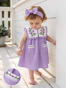 Souflis Souflis Baby Girls' Summer New Arrival Cute Peter Pan Collar Butterfly Print Ruffle Decor Front Pocket Design Open Back Sweet Casual Princess Dress - Purple - View 6