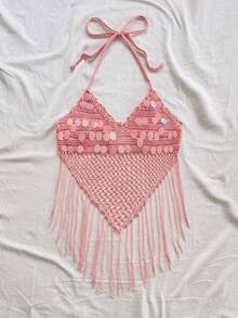 Soleia Áo dệt kim hở lưng cổ yếm đính sequin tua rua dành cho nữ - Hồng - Xem 3