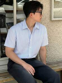 DAZY Blue Striped Short Sleeve Shirt For Men, Summer - Blue - View 6