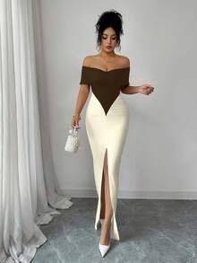 Selianne Contrast Color Patchwork Sexy Ruched Off-Shoulder Dress, Sleeveless Long Dress For Women - Brown - View 4