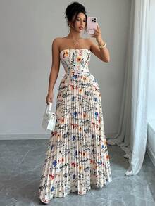 SHEIN Franclia 女士休闲度假风印花无肩带连衣裙，饰有褶皱细节 - 杏色 - 查看 5
