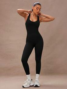 Lumalex 女士无袖镂空简约修身休闲无缝运动连体裤 - 黑色 - 查看 4