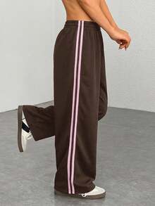 SHEIN EZwear Calça Casual com Listras Laterais Marrons Plus Size para Mulheres, Moda Minimalista, Uso Diário, Adequada para Formatura, Volta às Aulas, Traje de Professor - Castanho - Visão 4
