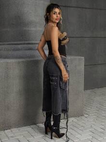 Rayane Ketlyn 街头朋克风做旧宽松超低腰女式牛仔七分裤 - 黑色 - 查看 4