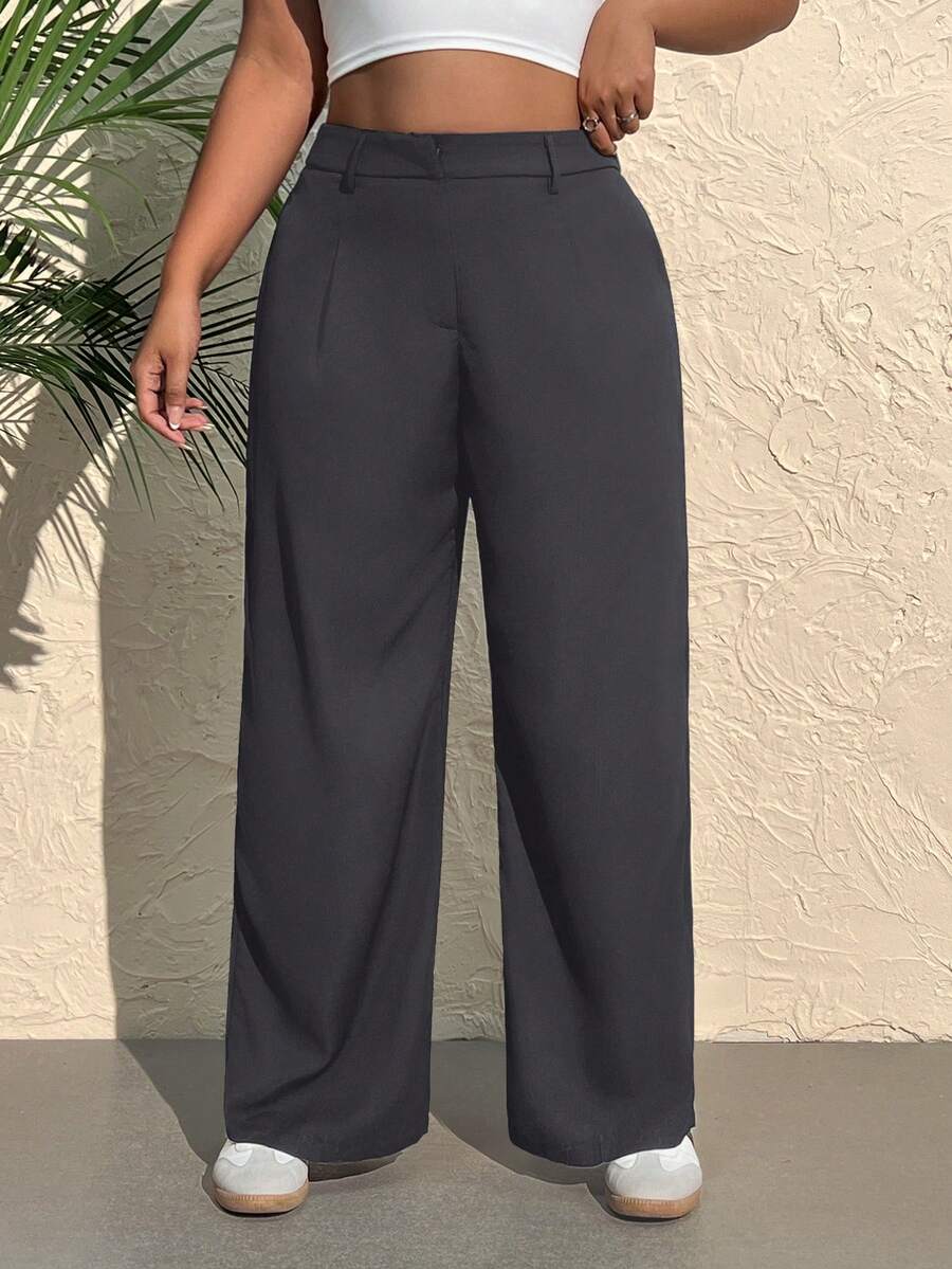 SHEIN EZwear Große Größen Lose Plissee Weite Bein Lässig Hose, Einfarbig Dunkelgrau, Herbst/Winter - Dunkelgrau - Übersicht 1