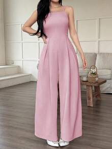 2026 Mono de pierna ancha holgado con pliegues plegados de unicolor para uso casual y diario de verano para mujeres - Rosa - Ver 3