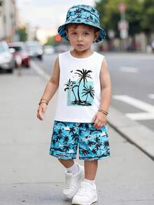 SHEIN 男童三件套夏季沙滩套装 | 男童夏威夷棕榈树印花白色无袖背心 + 热带棕榈短裤 + 配套遮阳帽 | 沙滩度假泳装罩衫 | 沙滩游戏服 | 4-7岁户外套装 | 家庭度假沙滩短裤和帽子套装，清凉夏季装扮 - 彩色 - 查看 1