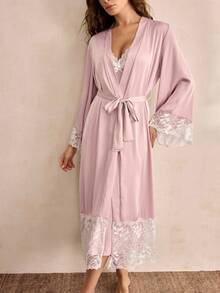 Charlaine 女士撞色蕾丝睡衣套装，简约时尚家居服，适合日常穿着，秋冬服装 - 淺粉色 - 查看 6