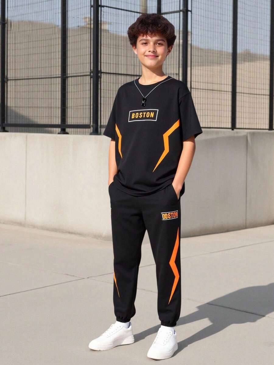 Vacaura Set de 2 piezas de camiseta de manga corta y pantalones con estampado de brillo negro y azul cielo, casual, adecuado para actividades al aire libre de primavera/verano para adolescentes - Negro - Ver 1