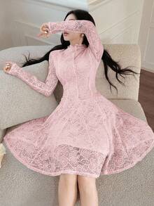 Feyla 女士优雅纯色蕾丝迷你连衣裙 - 淺粉色 - 查看 4