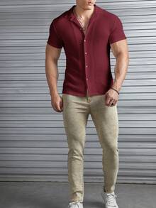 HIMLAND 男士素色條紋針織前紐扣襯衫 - 酒紅色 - 查看 3