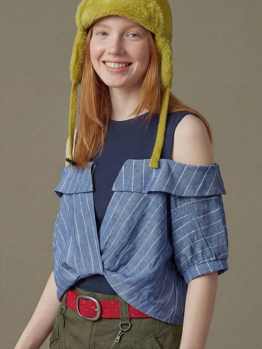 Áo thun nữ kẻ sọc trễ vai, trang phục mùa hè 2 trong 1 gồm áo trễ vai và áo nữ, áo mùa hè, áo denim, phong cách độc đáo. - Nhiều màu - Xem 1