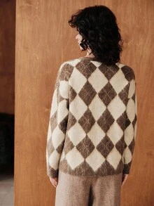 Uhlyne Áo khoác len cardigan dài tay kẻ caro phối màu thời trang nữ - Màu be - Xem 2