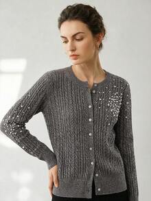 Uhlyne Áo khoác cardigan dệt kim màu xám với họa tiết hạt cườm, thích hợp cho Halloween, áo len nữ, mùa Xuân/Thu/Đông, phong cách retro, trang phục công sở, trang phục giáo viên, trang phục tựu trường, mùa thu, phong cách công sở thường ngày, phong cách quý tộc cổ điển, phong cách học thuật sinh viên. - Xám - Xem 1