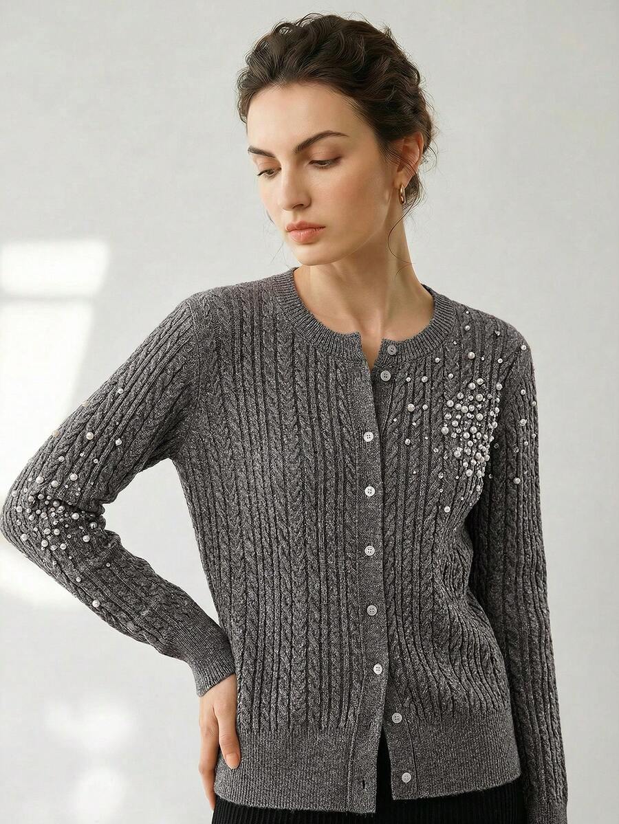 Uhlyne Áo khoác cardigan dệt kim màu xám với họa tiết hạt cườm, thích hợp cho Halloween, áo len nữ, mùa Xuân/Thu/Đông, phong cách retro, trang phục công sở, trang phục giáo viên, trang phục tựu trường, mùa thu, phong cách công sở thường ngày, phong cách quý tộc cổ điển, phong cách học thuật sinh viên. - Xám - Xem 1