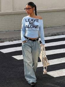 Muchica 女士字母印花斜肩收腰短款蓝色长袖T恤 - 藍色 - 查看 4