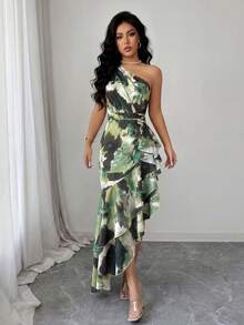 Franclia 女士单肩模糊染色印花连衣裙，不规则下摆荷叶边设计，春夏连衣裙，不规则下摆设计连衣裙，时尚优雅，适合日常穿着、婚礼、宴会、通勤、毕业派对、节日活动、度假等场合。 - 綠色 - 查看 8