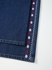 GlowEve Women's Floral Embroidered Pocket Wide Leg Loose Casual Denim Jeans - Blue - View 4