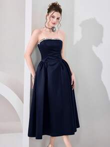 Poshira Women's Rhinestone Decorated Glamorous Strapless Formal Gown (Heavy Embellishment) - Navy Blue - View 7