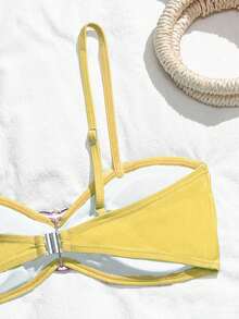 SHEIN 女童三件套黑色比基尼泳衣，沙滩装 - 黃色 - 查看 5