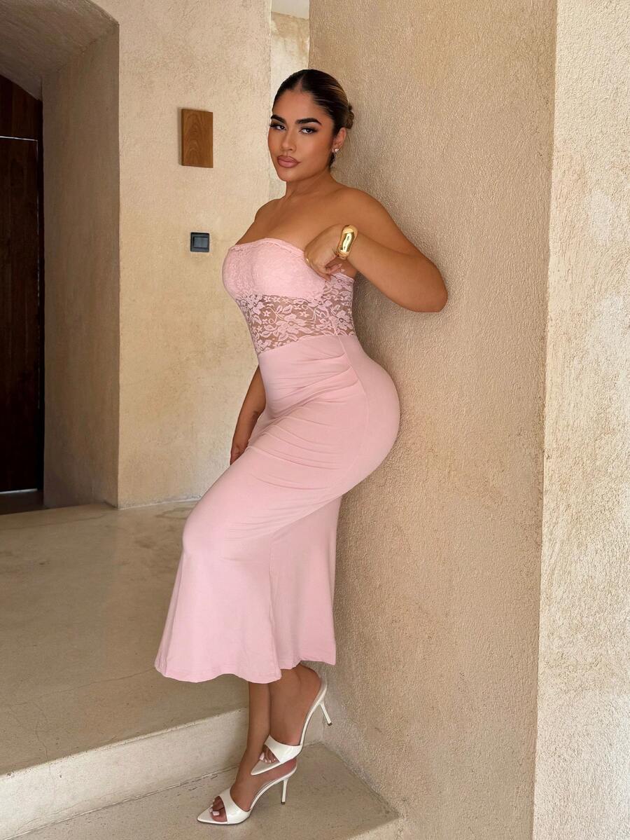 Maria Perezxox 甜美粉色蕾絲掛脖魚尾裙襬長洋裝,適合春夏季,小個女款 - 粉色 - 查看 1