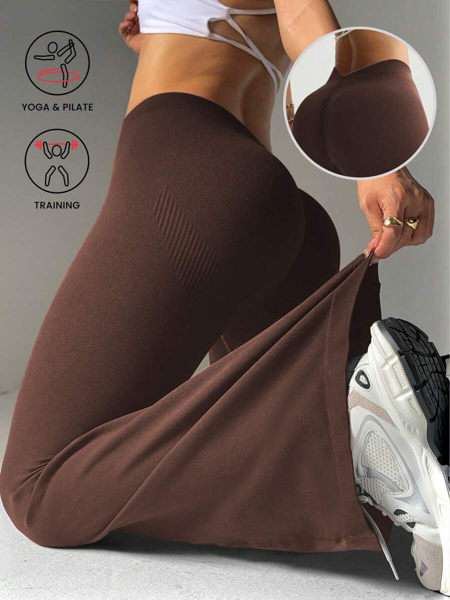SHEIN Dewbera 1件装 女士加大码无缝高弹罗纹V型露背瑜伽健身运动体操舞蹈喇叭裤 - 咖啡棕 - 查看 1
