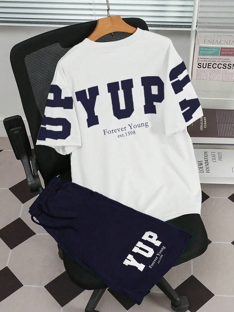 Vacaura 2件套青少年男童夏季休闲户外字母印花圆领短袖T恤和运动跑步短裤 - 藏蓝色 - 查看 6