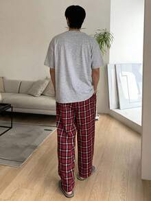 DAZY 男士紅色格紋長褲與T恤套裝休閒居家服，春夏睡衣 - 彩色 - 查看 2