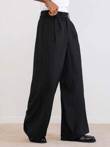 TOKVUE 男士纯色直筒宽松西装裤，带口袋，黑色阔腿裤，设计师款长裤，黑色阔腿正装裤，黑色长裤 - 黑色 - 查看 1