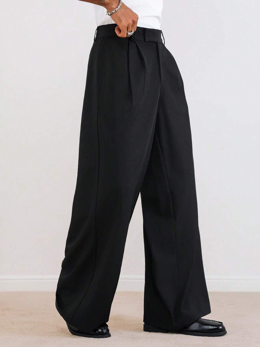 TOKVUE 男士纯色直筒宽松西装裤，带口袋，黑色阔腿裤，设计师款长裤，黑色阔腿正装裤，黑色长裤 - 黑色 - 查看 1