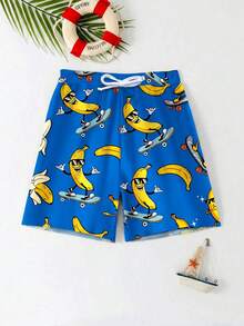 SHEIN Tween Boy Casual BANANA Print Loose Fit Beach Pants, Suitable For Summer, Beach, Outdoor, Swimming - Multicolor - View 2