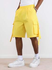 TOKVUE Men's Solid Color Elastic Waist Slant Pocket Casual Loose Shorts - Yellow - View 1