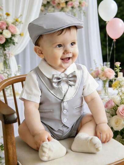 SHEIN 3pcs Baby Boy Formal Suit Set, Including Light Gray Single-Breasted Vest (Decorative Fake Pocket Design), Elastic Waist Shorts, And Gentleman Hat, Fashionable And Elegant, Suitable For Holidays, Formal Occasions, Birthday Parties, Competitions, Performances, Mother's Day,  S,   Guests, Ring Bearer, Groomsmen, Baptism, And Back To School Season, Baby Boy   AttireWedding,Prom,Graduation