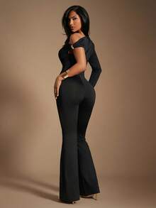 Radiana Women's Elegant Asymmetric Cold-Shoulder Jumpsuit,Skinny Fit Stretchy Knit Flared Leg Jumpsuit For Winter Night Out,Casual Business Black Gold - Black - View 2