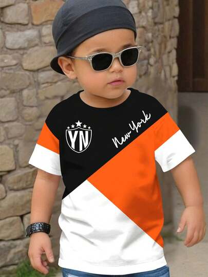 SHEIN Young Boy Short Sleeve T-Shirt, Casual & Minimalist, Suitable For Summer, Classic Cool Logo Graphic Print, Classic City Name Text Graphic Print, Classic Geometric Pattern Print, Suitable For School, Suitable For Spring & Summer