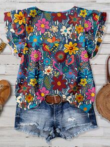 EMERY ROSE 大码女式休闲、优雅、复古、度假风、热带花卉图案、圆领、双层、短袖宽松衬衫；女式夏季服装；女装。 - 彩色 - 查看 2