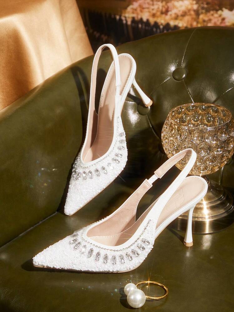 CUCCOO TILAWA Women Shoes White New Pointed Stiletto Back Lift Fashion Gorgeous Rhinestone Sexy Banquet Party Night Club Women's High Heel Shoes Slingback Shoes Women's Shoes