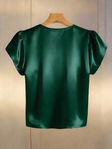 Camisa de satén color champán con cuello de perlas y mangas sueltas para mujer, blusa de satén corta con decoración de perlas elegante francesa, top de satén de manga corta con cuello de perlas elegante y delicado - Verde - Ver 3