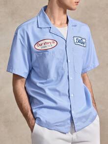 Courvante 男士休閒條紋字母印花短袖襯衫，拼色設計，夏季領口鈕扣開襟，適合送給男朋友的禮物，藍色鈕扣開襟 - 彩色 - 查看 5