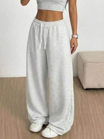 SHEIN 少女宽松休闲简约舒适中腰撞色抽绳装饰印花运动裤