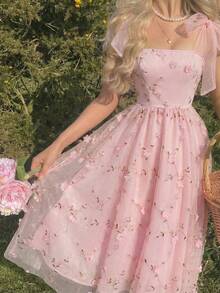 SHEIN Pitira Đầm lưới thêu hoa thanh lịch dành cho bé gái tuổi teen, thích hợp cho mùa hè. - Hồng - Xem 9