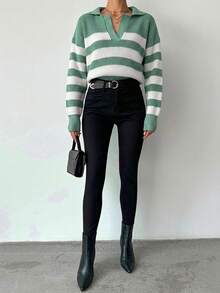 EURMUSE Striped Pattern Drop Shoulder Sweater - Mint Green - View 3
