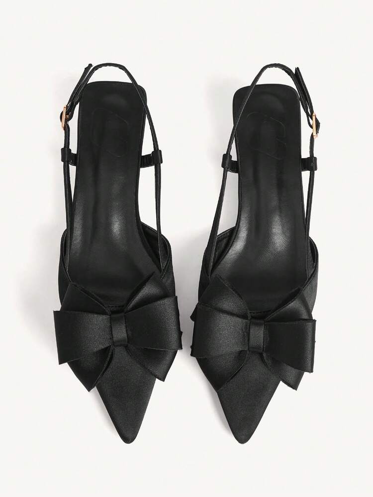CUCCOO CHICEST Black Satin Kitten With Bow Slingback Pointed Banquet Dress Shoes