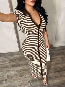 SHEIN SXY 夏季加大码V领短袖条纹修身连衣裙 - 彩色 - 查看 4