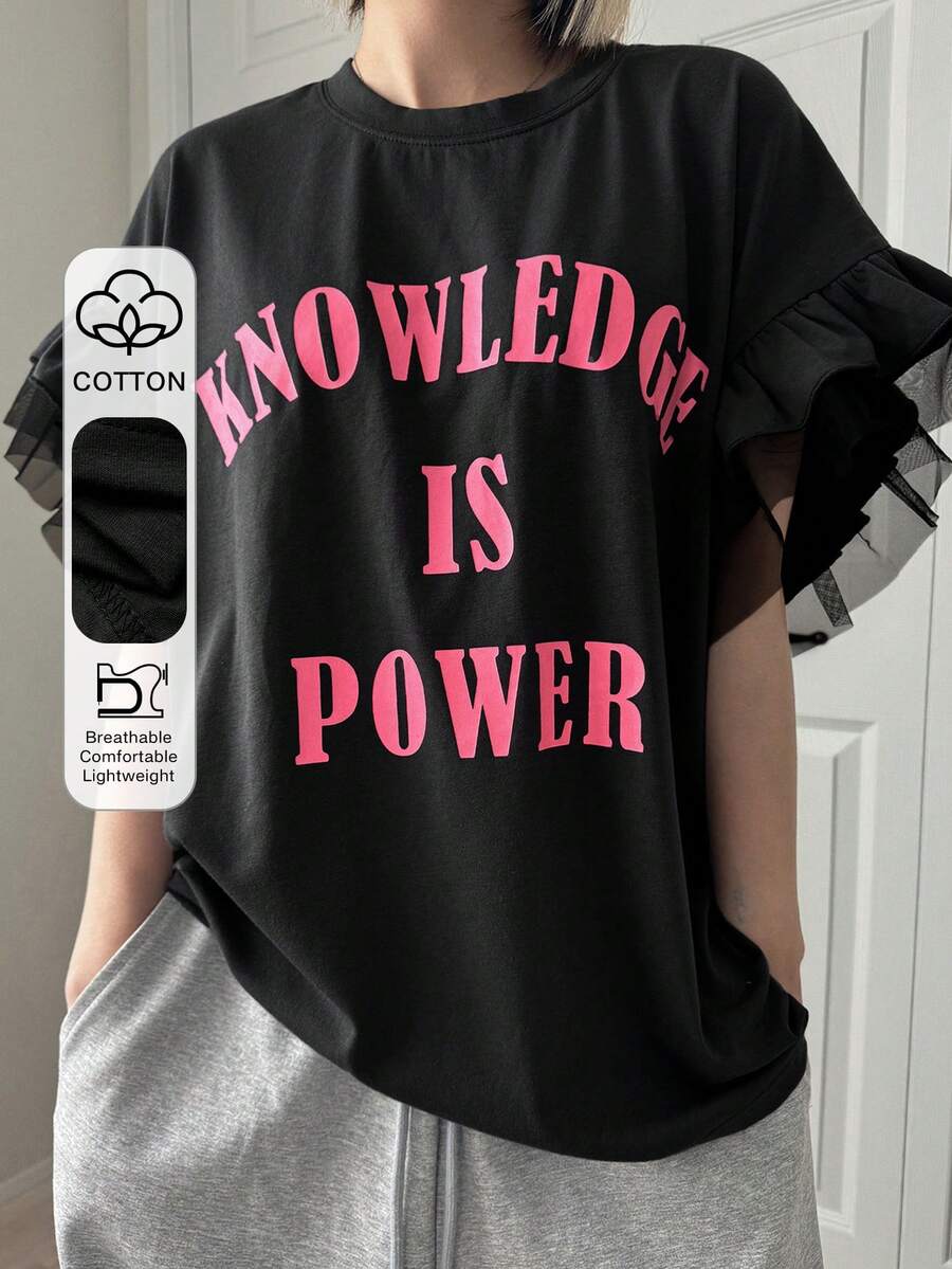 FRIFUL Women's Round Neck Sleeveless Loose T-Shirt With Bright Color Letter Print, Mesh Splice And Ruffle Trim Graphic Tees Women Summer - Black - View 1