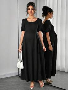 SHEIN Asymmetric Shoulder Ruched Waist A-Line Elegant Romantic Maternity Dress, Comfortable - Black - View 3