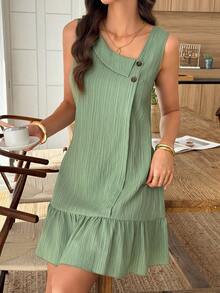 Louniche Women's Asymmetric Collar Button Textured Fabric Ruffle Hem A-Line Mini Dress, Casual Summer Holiday - Green - View 3